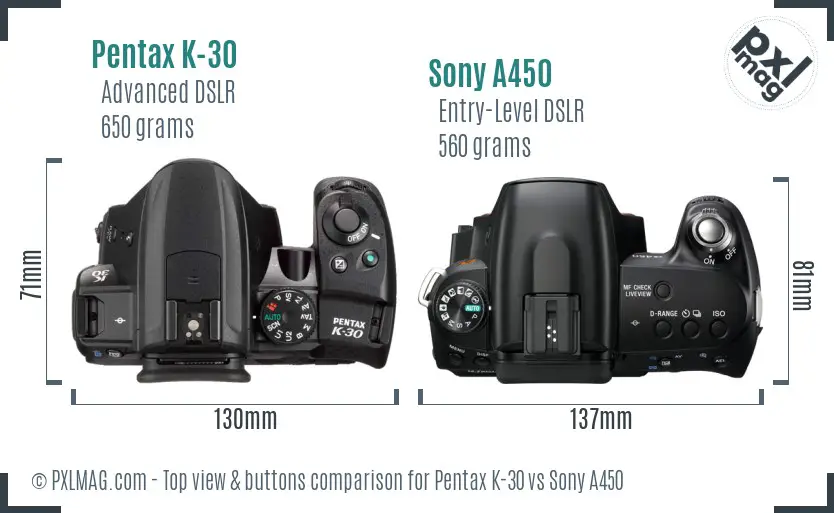 Pentax K-30 vs Sony A450 top view buttons comparison