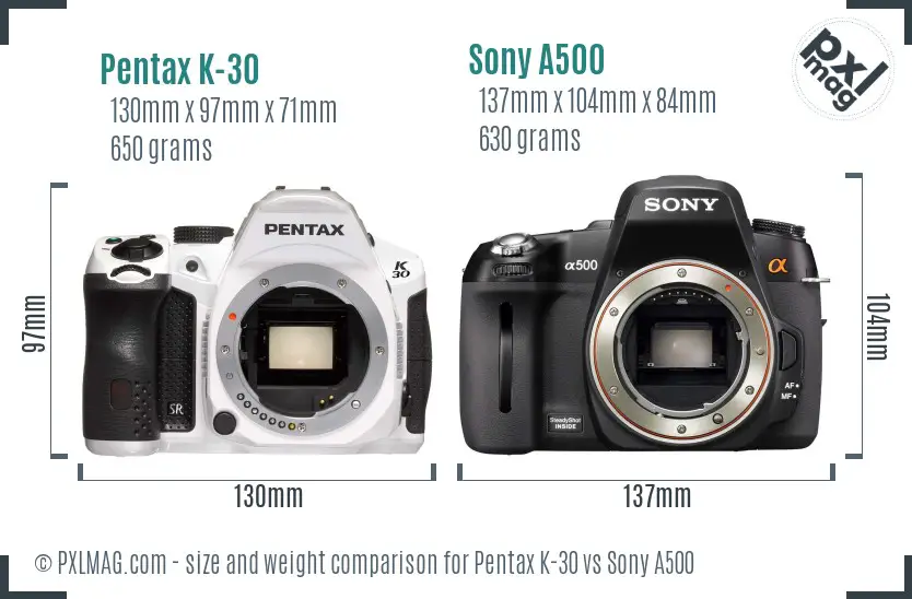 Pentax K-30 vs Sony A500 size comparison
