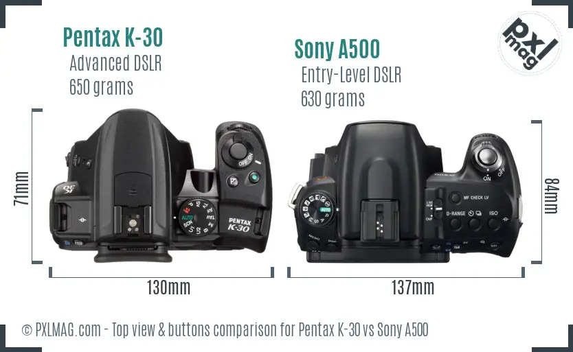 Pentax K-30 vs Sony A500 top view buttons comparison