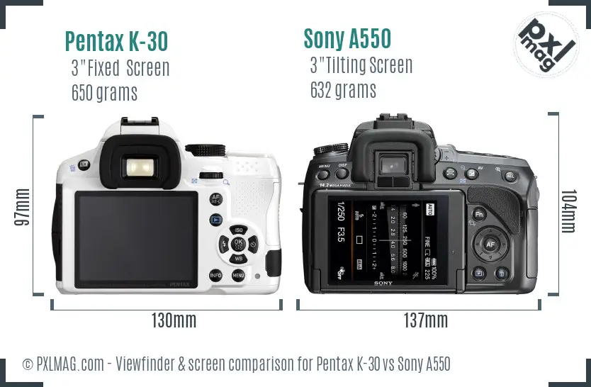 Pentax K-30 vs Sony A550 Screen and Viewfinder comparison