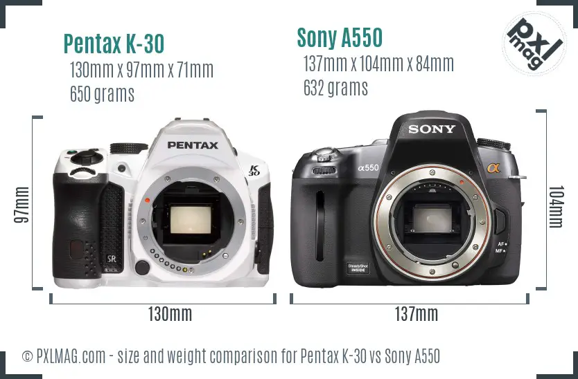 Pentax K-30 vs Sony A550 size comparison