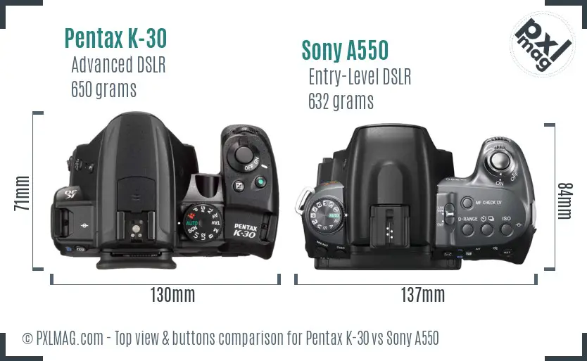 Pentax K-30 vs Sony A550 top view buttons comparison