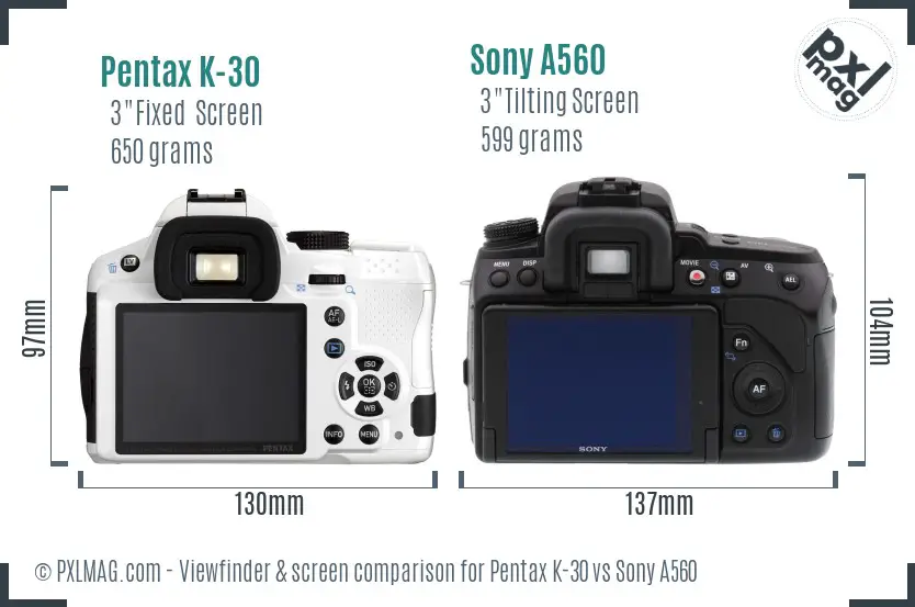 Pentax K-30 vs Sony A560 Screen and Viewfinder comparison