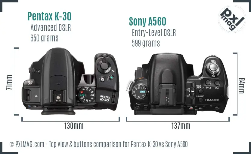 Pentax K-30 vs Sony A560 top view buttons comparison