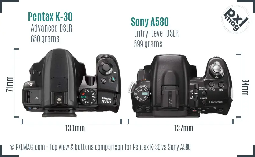 Pentax K-30 vs Sony A580 top view buttons comparison Pentax K-30 vs Sony A580 top view buttons comparison