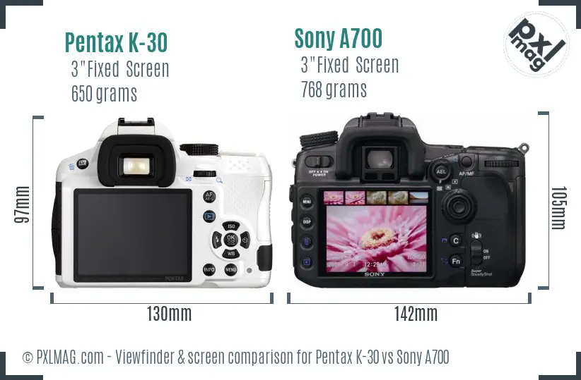 Pentax K-30 vs Sony A700 Screen and Viewfinder comparison