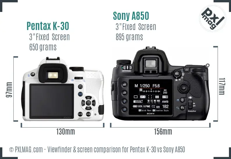 Pentax K-30 vs Sony A850 Screen and Viewfinder comparison