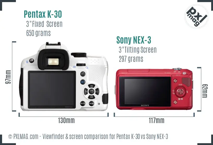 Pentax K-30 vs Sony NEX-3 Screen and Viewfinder comparison