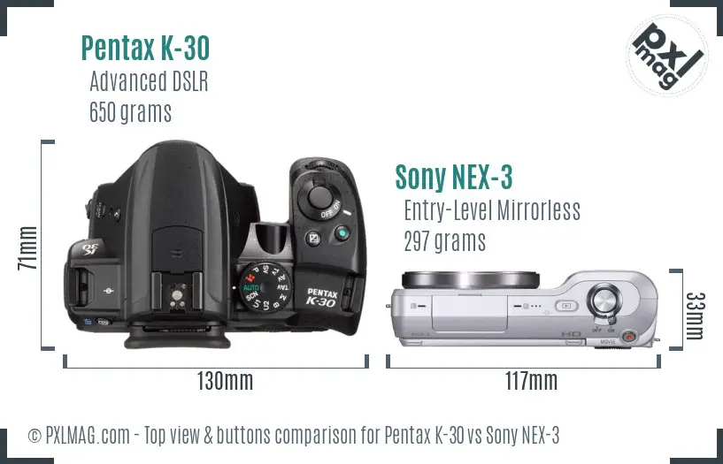 Pentax K-30 vs Sony NEX-3 top view buttons comparison