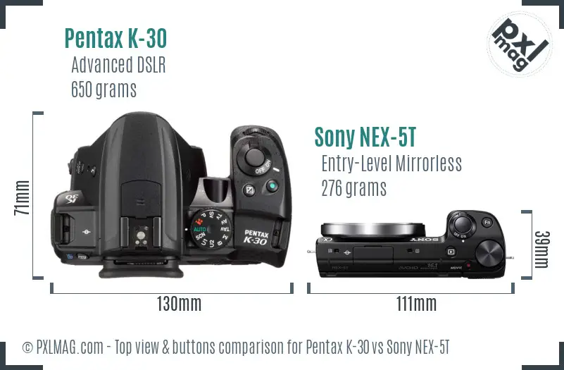 Pentax K-30 vs Sony NEX-5T top view buttons comparison Pentax K-30 vs Sony NEX-5T top view buttons comparison