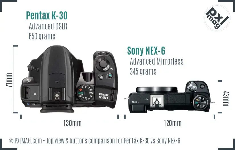 Pentax K-30 vs Sony NEX-6 top view buttons comparison Pentax K-30 vs Sony NEX-6 top view buttons comparison