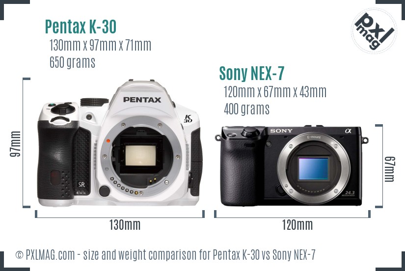 Pentax K-30 vs Sony NEX-7 size comparison Pentax K-30 vs Sony NEX-7 size comparison