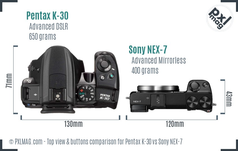Pentax K-30 vs Sony NEX-7 top view buttons comparison