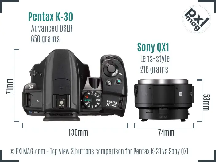 Pentax K-30 vs Sony QX1 top view buttons comparison Pentax K-30 vs Sony QX1 top view buttons comparison