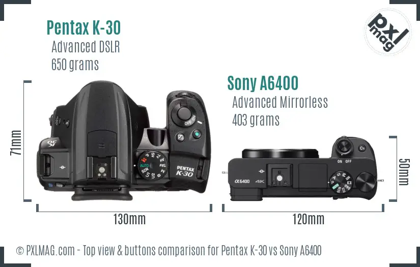 Pentax K-30 vs Sony A6400 top view buttons comparison Pentax K-30 vs Sony A6400 top view buttons comparison