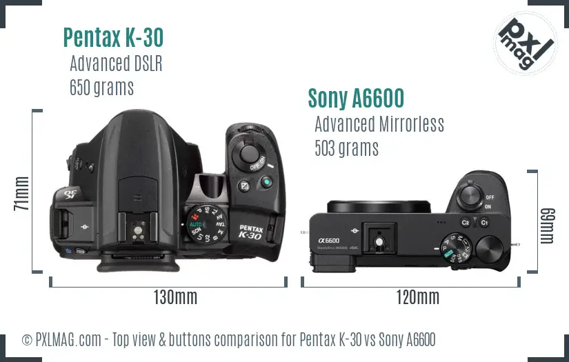 Pentax K-30 vs Sony A6600 top view buttons comparison Pentax K-30 vs Sony A6600 top view buttons comparison