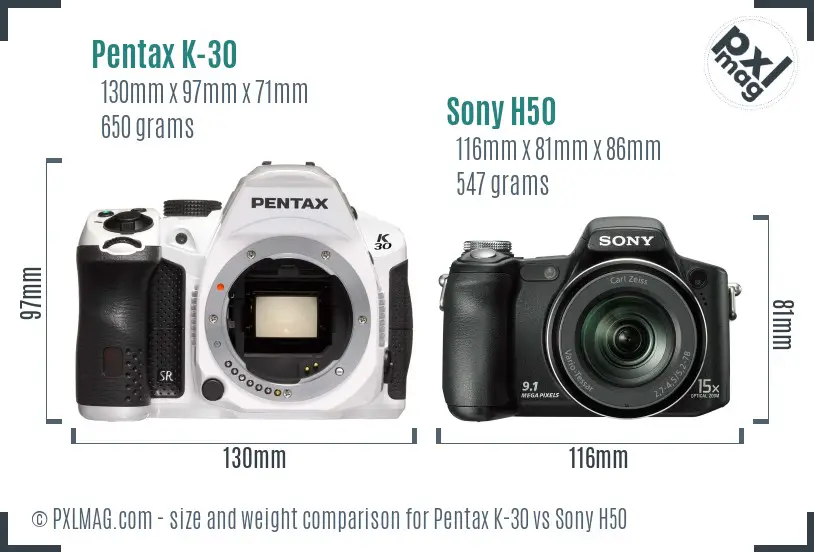 Pentax K-30 vs Sony H50 size comparison