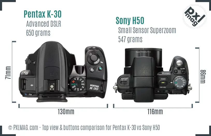 Pentax K-30 vs Sony H50 top view buttons comparison