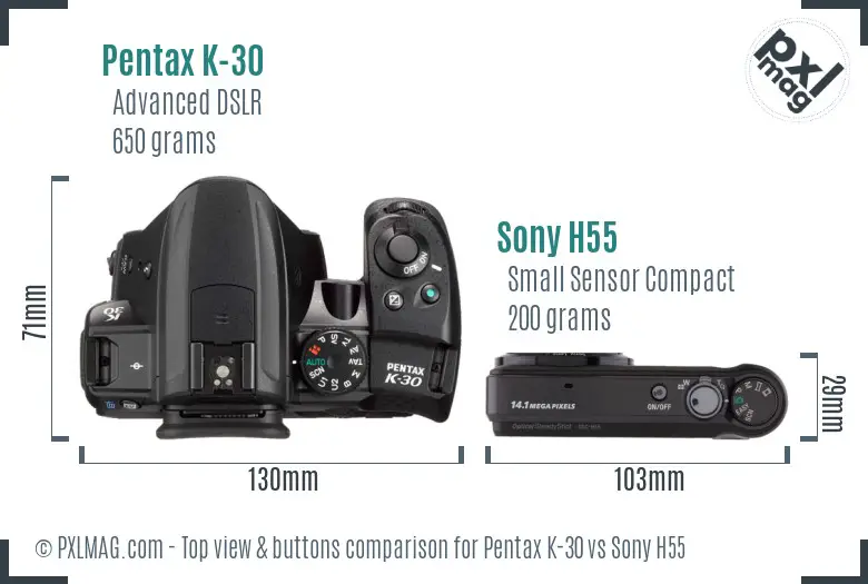 Pentax K-30 vs Sony H55 top view buttons comparison