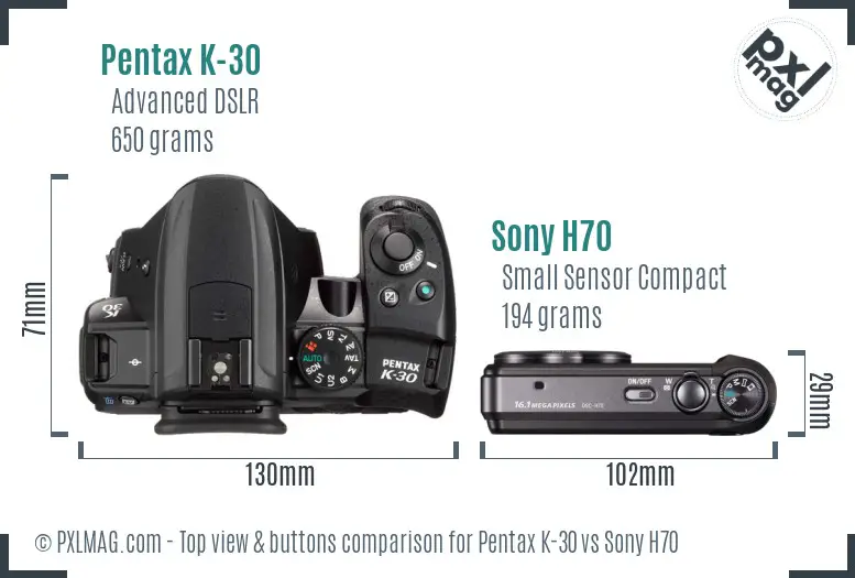 Pentax K-30 vs Sony H70 top view buttons comparison