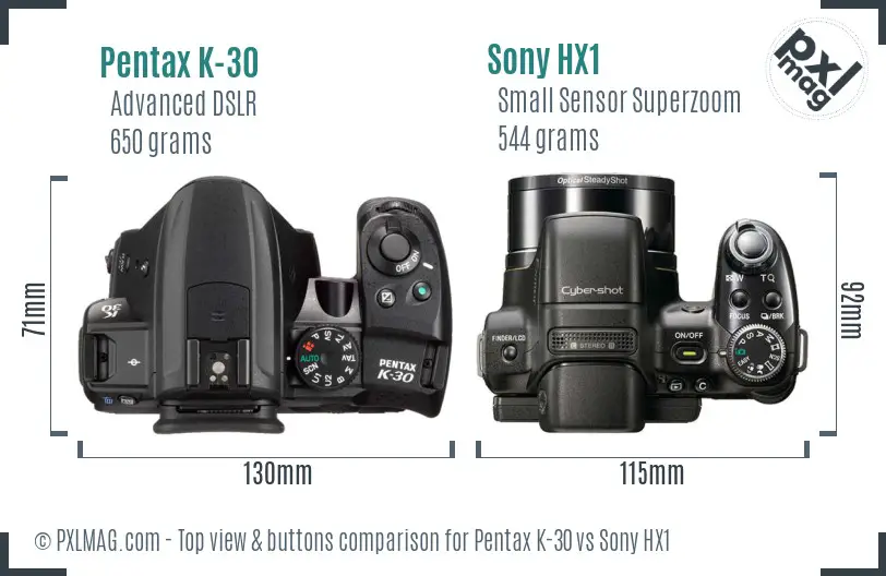 Pentax K-30 vs Sony HX1 top view buttons comparison