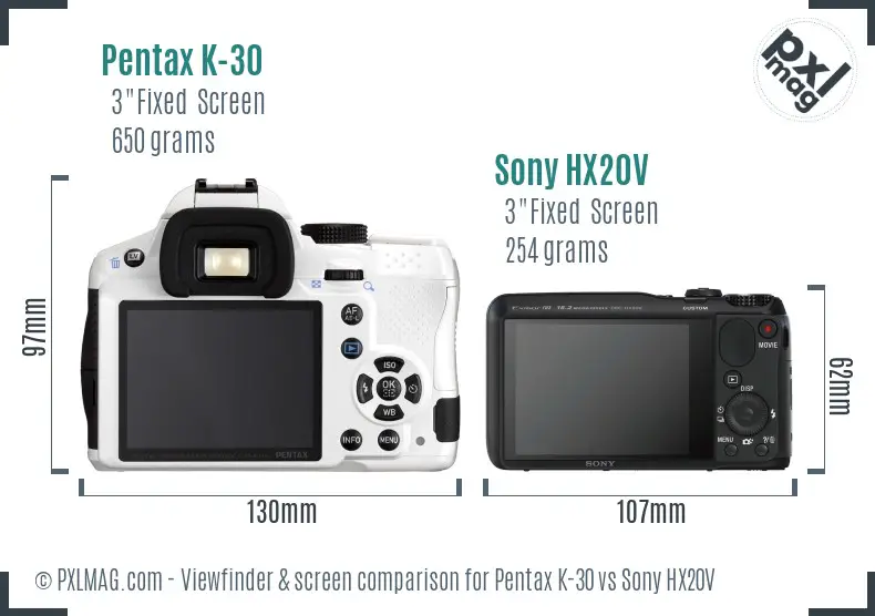 Pentax K-30 vs Sony HX20V Screen and Viewfinder comparison