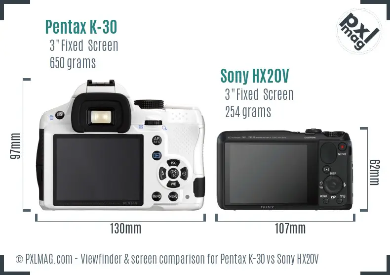 Pentax K-30 vs Sony HX20V Screen and Viewfinder comparison Pentax K-30 vs Sony HX20V Screen and Viewfinder comparison