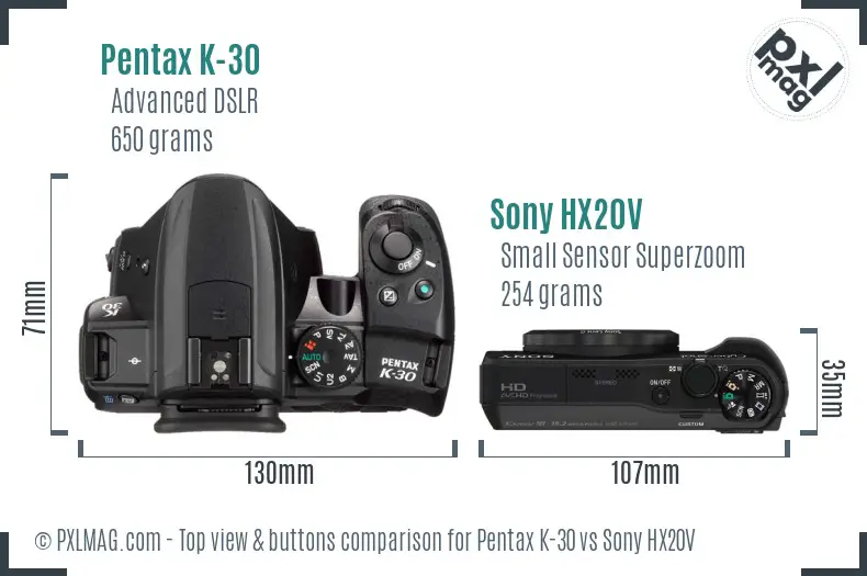 Pentax K-30 vs Sony HX20V top view buttons comparison Pentax K-30 vs Sony HX20V top view buttons comparison