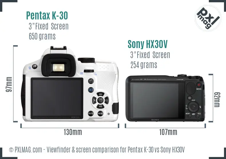 Pentax K-30 vs Sony HX30V Screen and Viewfinder comparison