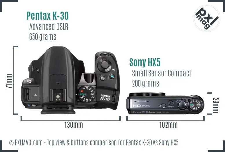 Pentax K-30 vs Sony HX5 top view buttons comparison