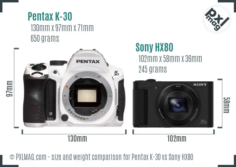 Pentax K-30 vs Sony HX80 size comparison