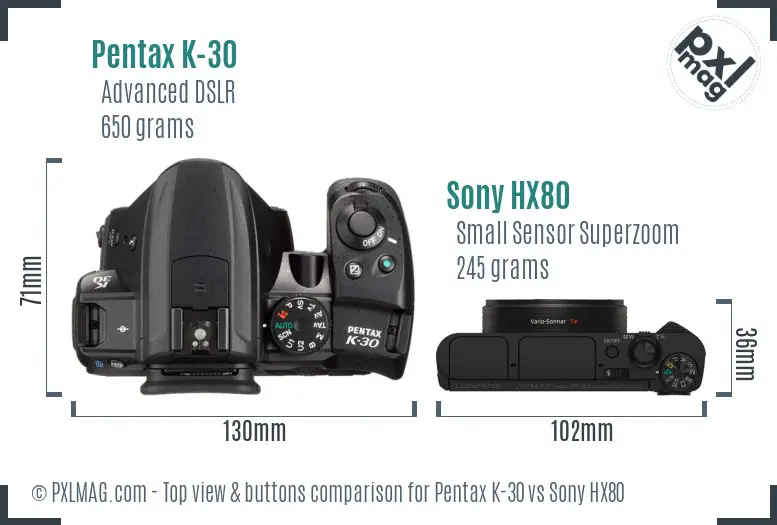 Pentax K-30 vs Sony HX80 top view buttons comparison