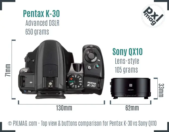 Pentax K-30 vs Sony QX10 top view buttons comparison