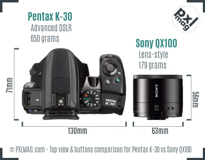 Pentax K-30 vs Sony QX100 top view buttons comparison
