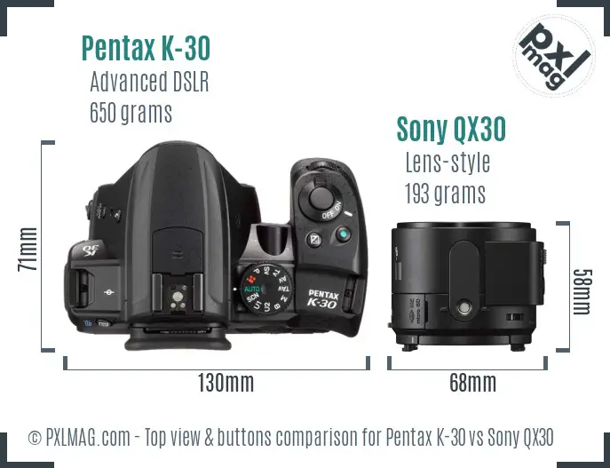 Pentax K-30 vs Sony QX30 top view buttons comparison