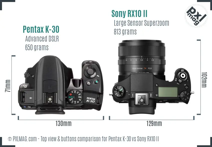 Pentax K-30 vs Sony RX10 II top view buttons comparison