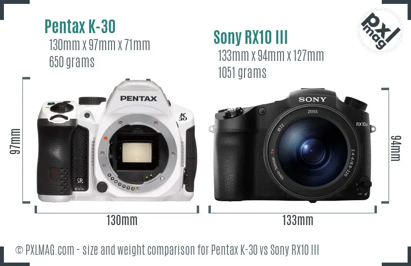 Pentax K-30 vs Sony RX10 III size comparison