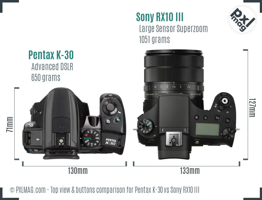 Pentax K-30 vs Sony RX10 III top view buttons comparison