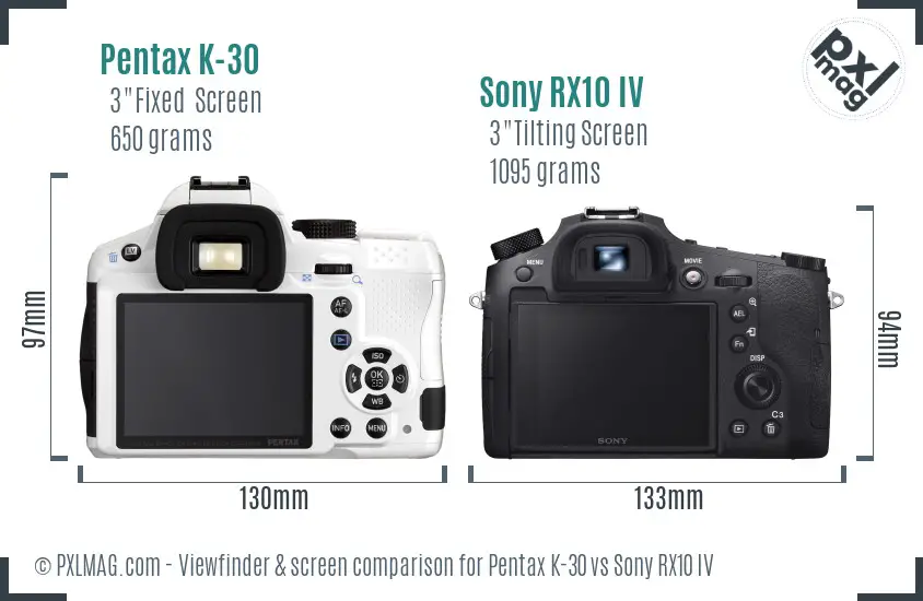 Pentax K-30 vs Sony RX10 IV Screen and Viewfinder comparison