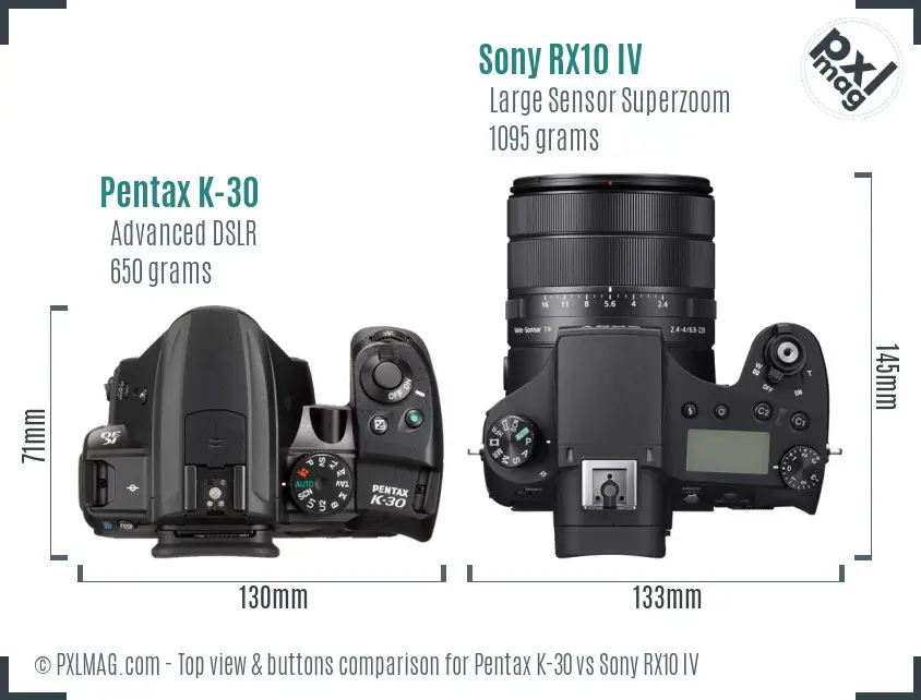 Pentax K-30 vs Sony RX10 IV top view buttons comparison