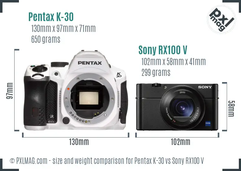 Pentax K-30 vs Sony RX100 V size comparison