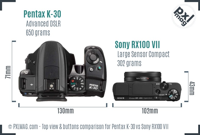 Pentax K-30 vs Sony RX100 VII top view buttons comparison