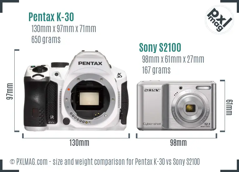 Pentax K-30 vs Sony S2100 size comparison