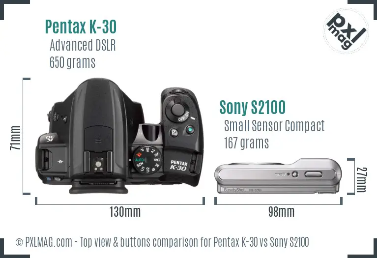 Pentax K-30 vs Sony S2100 top view buttons comparison