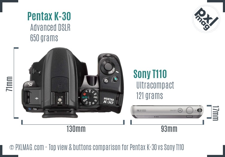 Pentax K-30 vs Sony T110 top view buttons comparison
