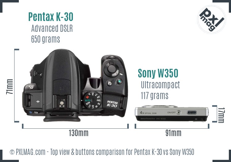 Pentax K-30 vs Sony W350 top view buttons comparison