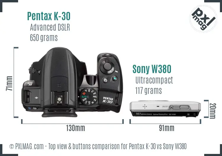 Pentax K-30 vs Sony W380 top view buttons comparison Pentax K-30 vs Sony W380 top view buttons comparison