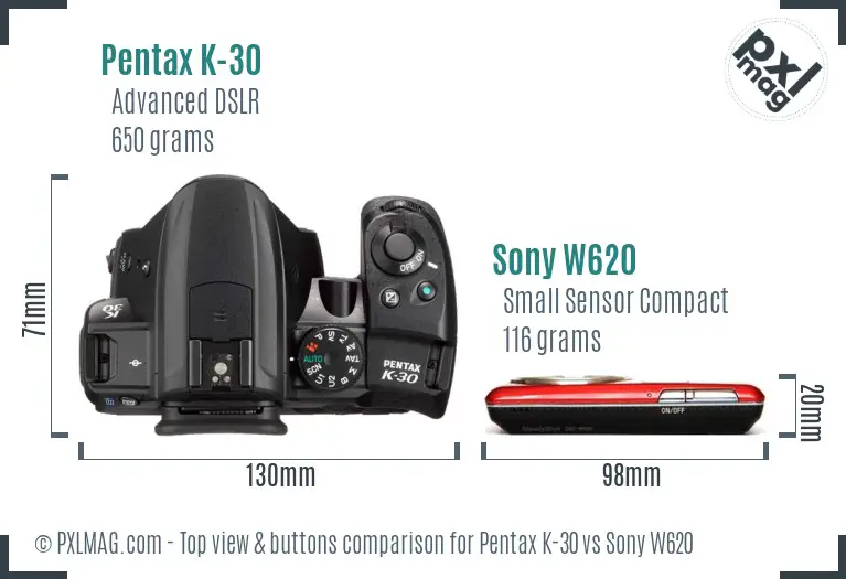 Pentax K-30 vs Sony W620 top view buttons comparison Pentax K-30 vs Sony W620 top view buttons comparison