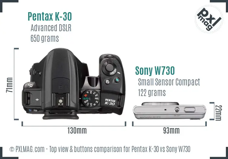 Pentax K-30 vs Sony W730 top view buttons comparison