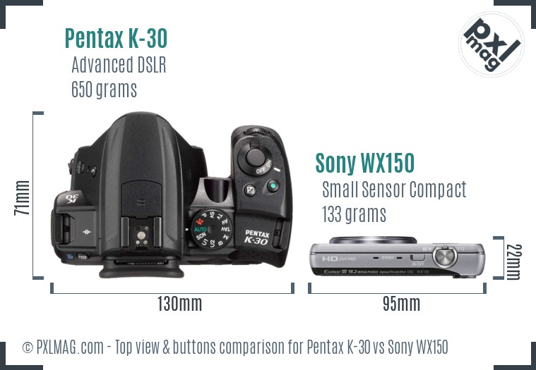 Pentax K-30 vs Sony WX150 top view buttons comparison